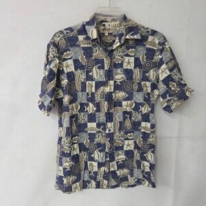 Campia Moda Shirt Mens Fish Print Button Up Short Sleeve Tropical Blue‎ Size M